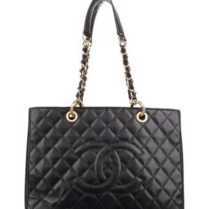 CHANEL Black Quilted Tote with Gold Accents